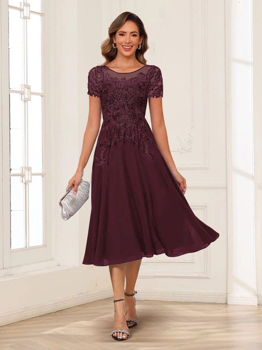 Elegant Charcoal A-Line Illusion-Neck Cap-Sleeve V-Back Tea-Length Mother of the Bride Dress