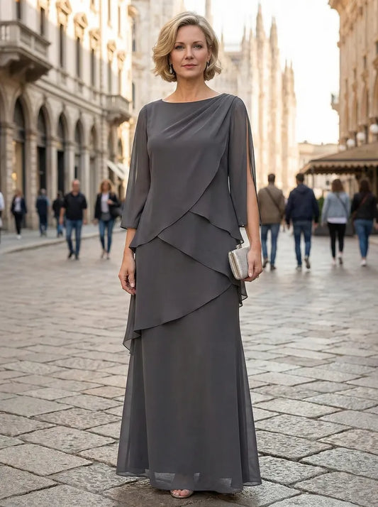 Loverlm charcoal gray chiffon Mother of the Bride dress with round neck three-quarter sleeves and layered floor-length A-line skirt