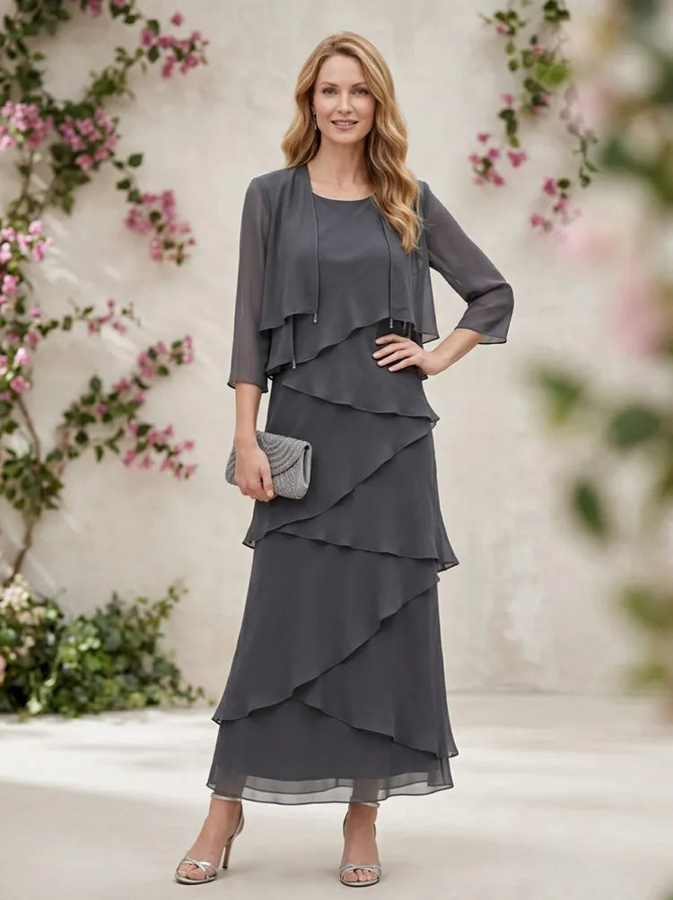Loverlm charcoal gray Mother of the Bride dress with round neckline three-quarter sleeves layered chiffon overlay and tiered ankle-length skirt