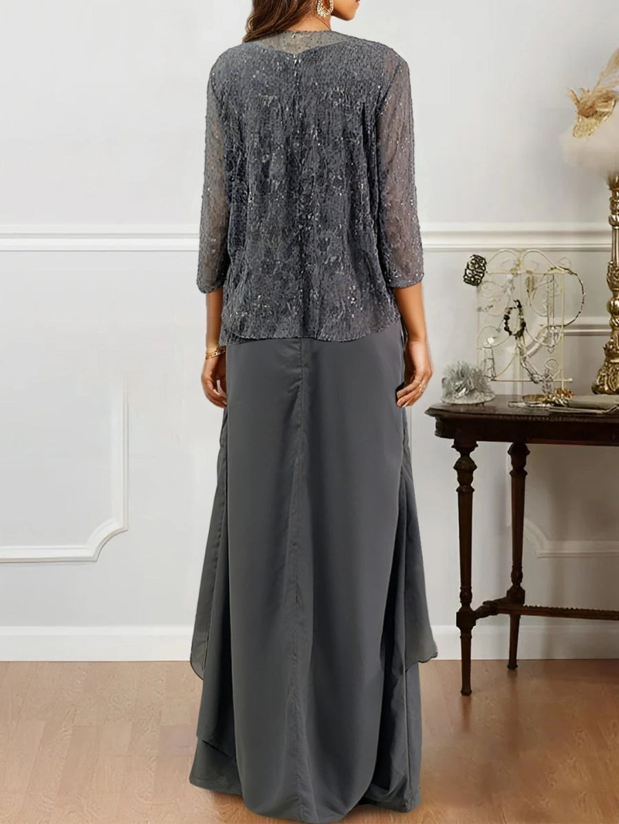 Elegant A-Line Round Neck Three Quarter Sleeve Closed Back Tiered Floor Length Mother of the Bride Dress