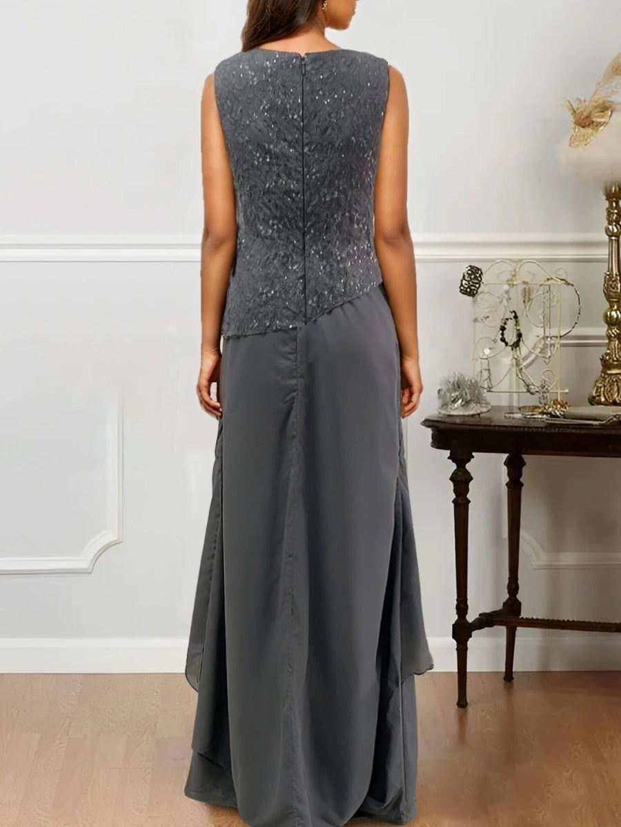 Elegant A-Line Round Neck Three Quarter Sleeve Closed Back Tiered Floor Length Mother of the Bride Dress