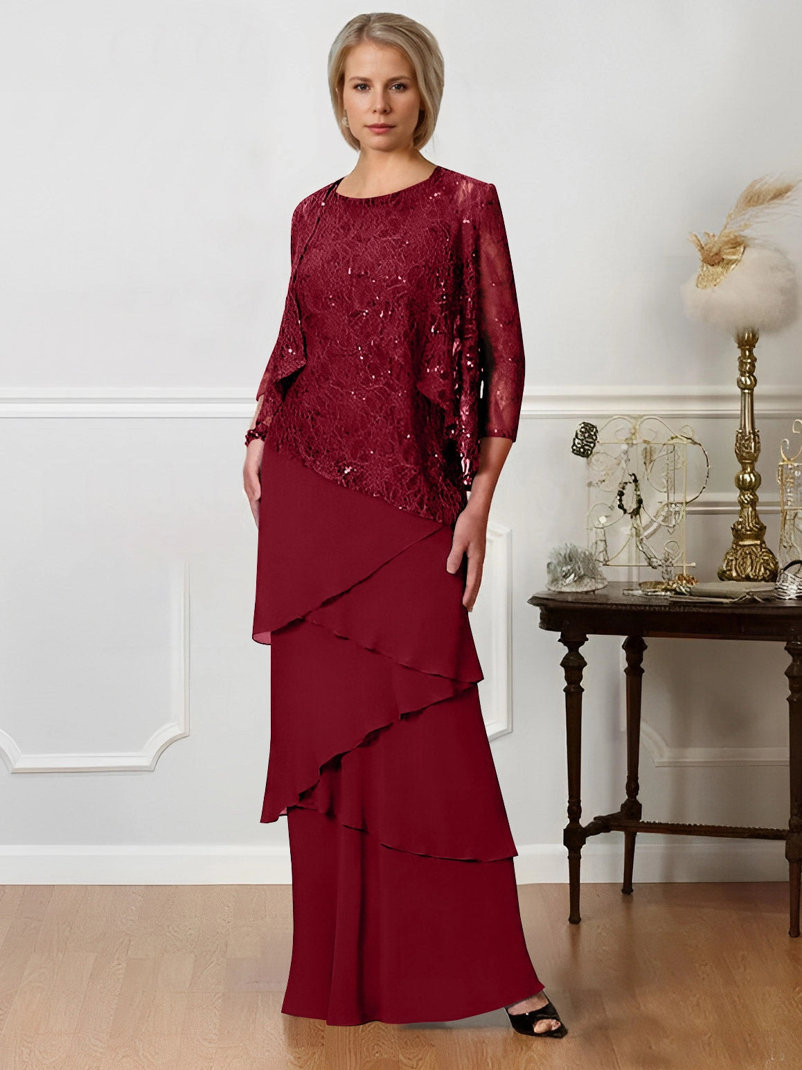 Elegant A-Line Round Neck Three Quarter Sleeve Closed Back Tiered Floor Length Mother of the Bride Dress