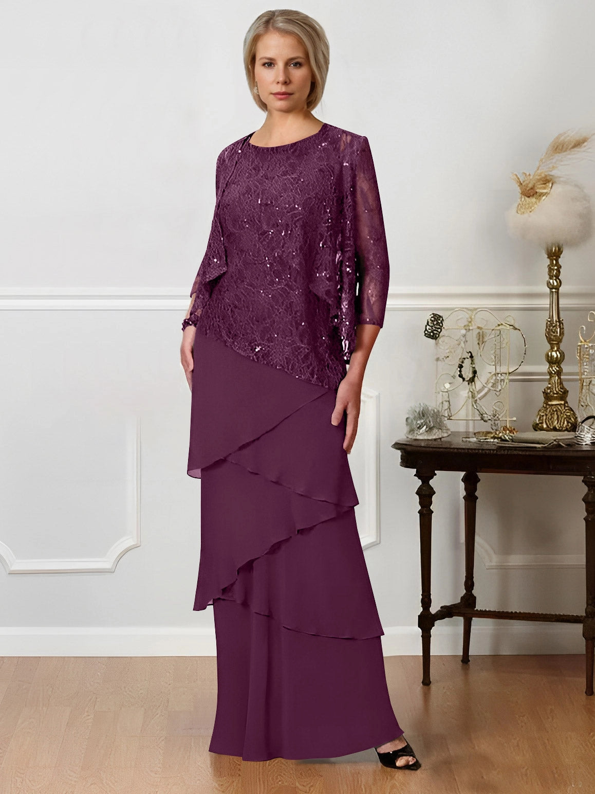 Elegant A-Line Round Neck Three Quarter Sleeve Closed Back Tiered Floor Length Mother of the Bride Dress