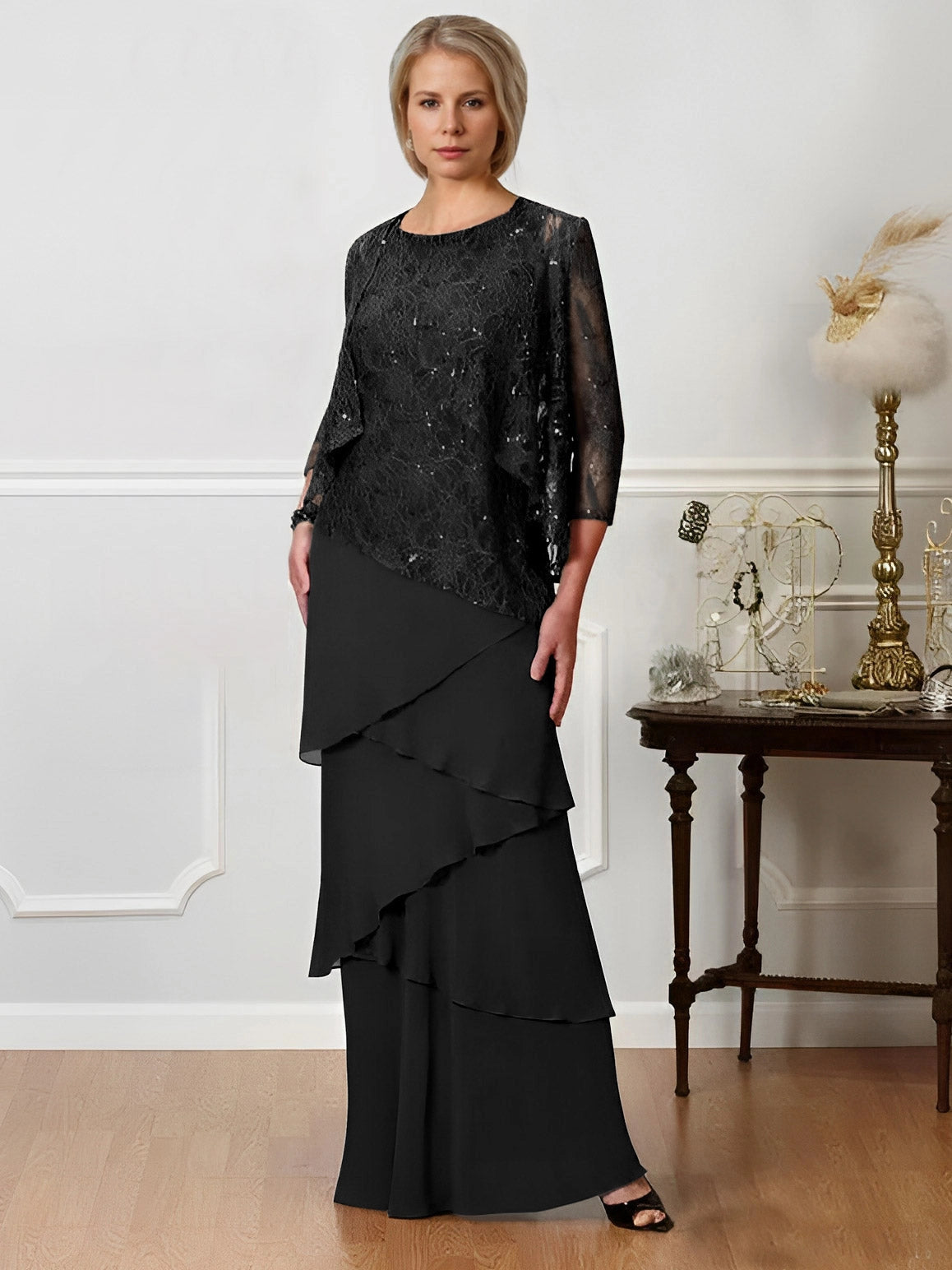 Elegant A-Line Round Neck Three Quarter Sleeve Closed Back Tiered Floor Length Mother of the Bride Dress