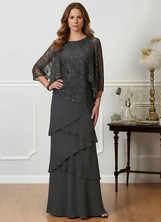 Charcoal gray Mother of the Bride Dress with round neckline, sparkling sequin lace bodice, sheer three-quarter sleeves and asymmetrical tiered floor-length skirt by Loverlm.