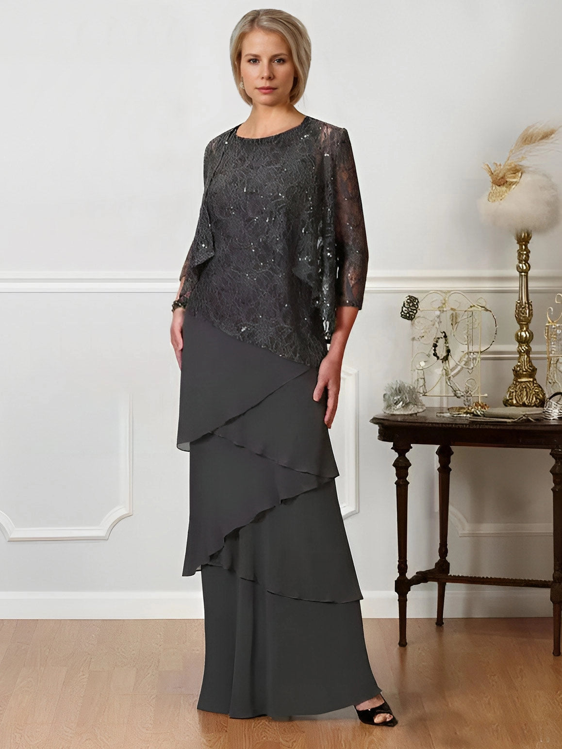 Elegant A-Line Round Neck Three Quarter Sleeve Closed Back Tiered Floor Length Mother of the Bride Dress