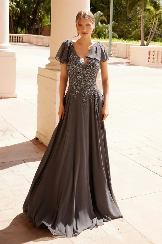 Loverlm charcoal gray Mother of the Bride dress with V-neck embellished bodice flutter sleeves and floor-length chiffon skirt