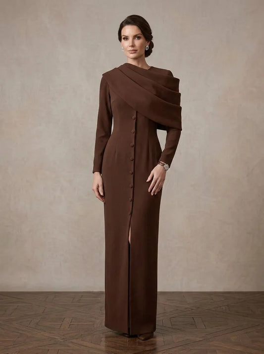 Loverlm chocolate brown Mother of the Bride dress with asymmetric draped neckline long sleeves covered buttons front slit and floor-length sheath silhouette
