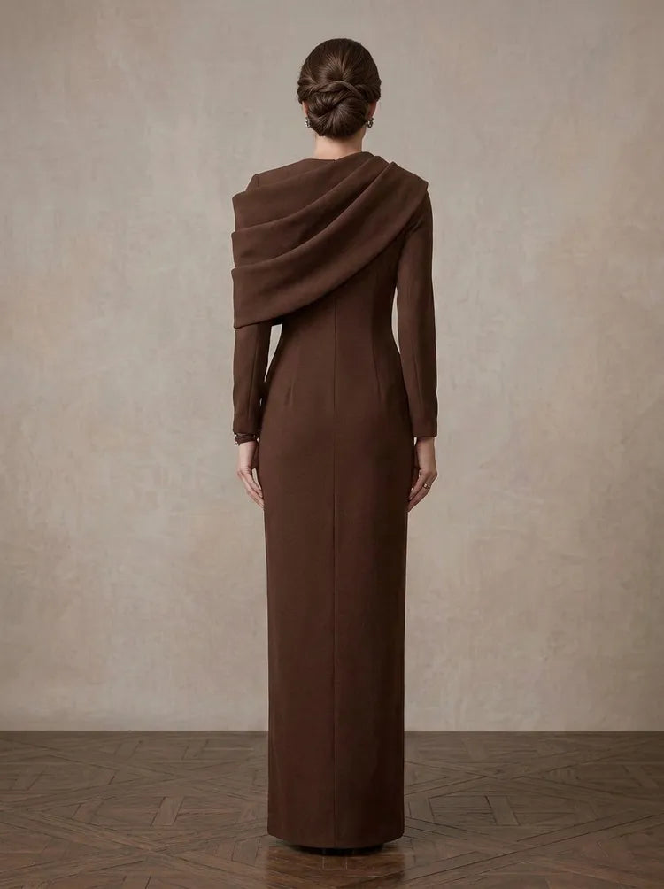 Elegant Sheath Asymmetric Draped Long-Sleeve Floor-Length Mother of the Bride Dress