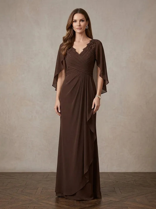 Loverlm chocolate brown Mother of the Bride dress with lace V-neck cape sleeves ruched bodice draped overlay and floor-length skirt