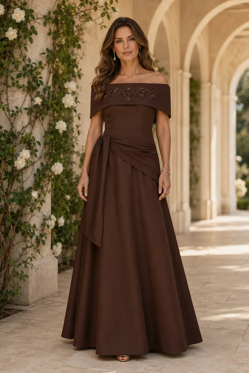 Loverlm chocolate brown Mother of the Bride dress with embellished off shoulder neckline, asymmetric ruched waist and floor-length A-line skirt front view