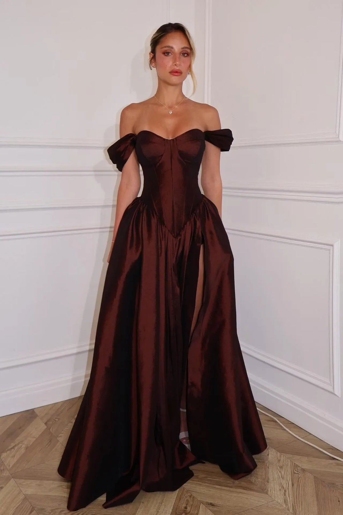 Loverlm chocolate brown prom dress with sweetheart corset bodice off-shoulder sleeves high slit and full floor-length ball gown skirt