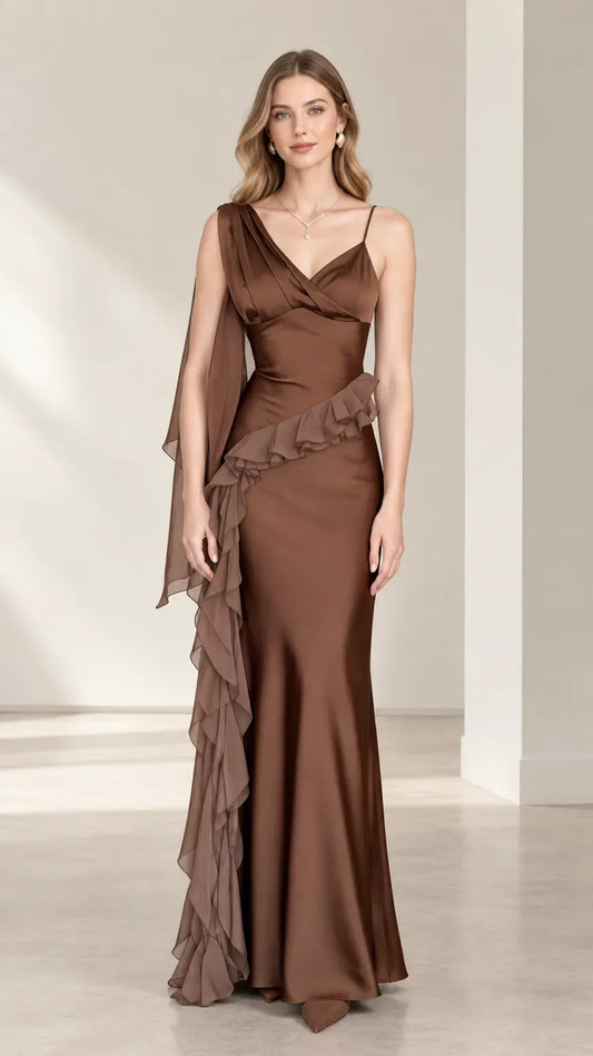 Loverlm chocolate brown one-shoulder evening dress with V-neck draping cascading ruffles and floor-length sheath silhouette