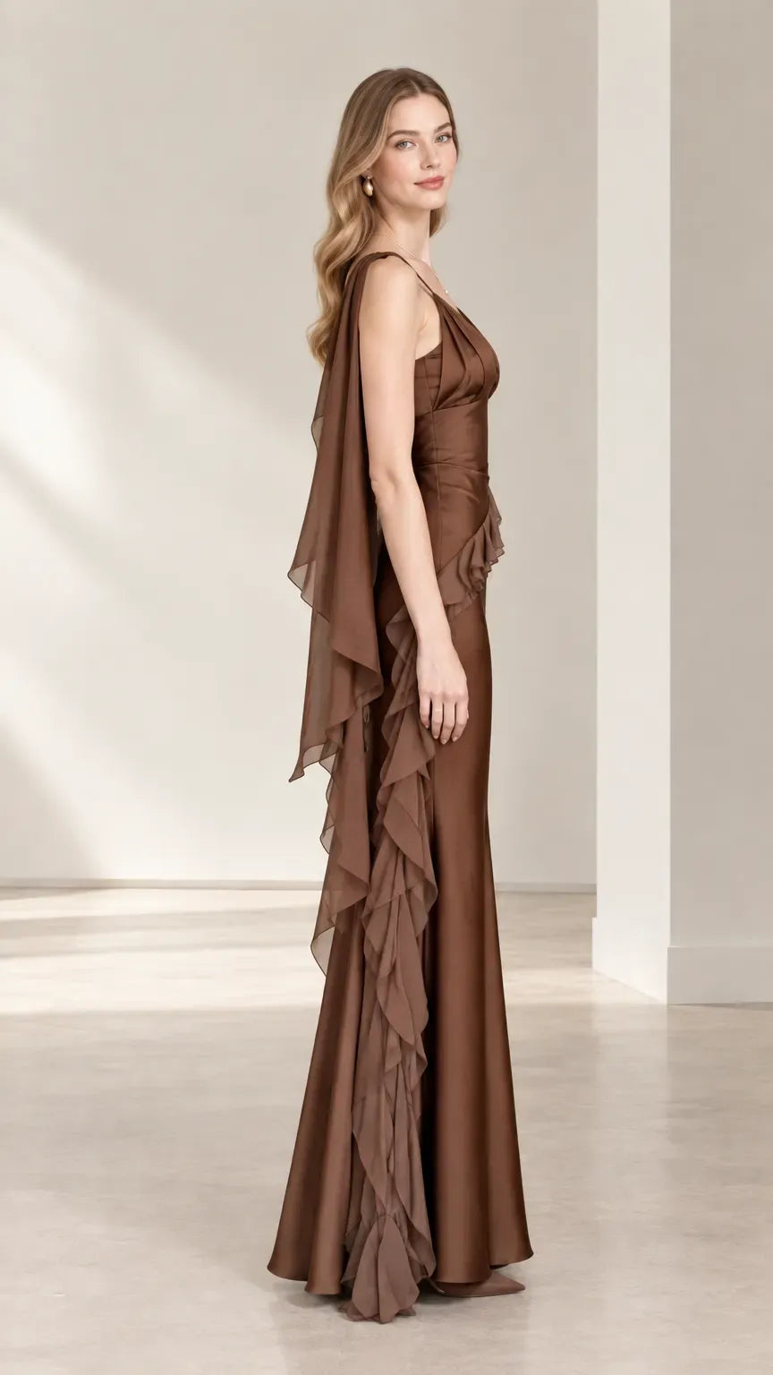 Elegant Sheath V-Neck One-Shoulder Ruffle Open-Back Floor-Length Evening Dress