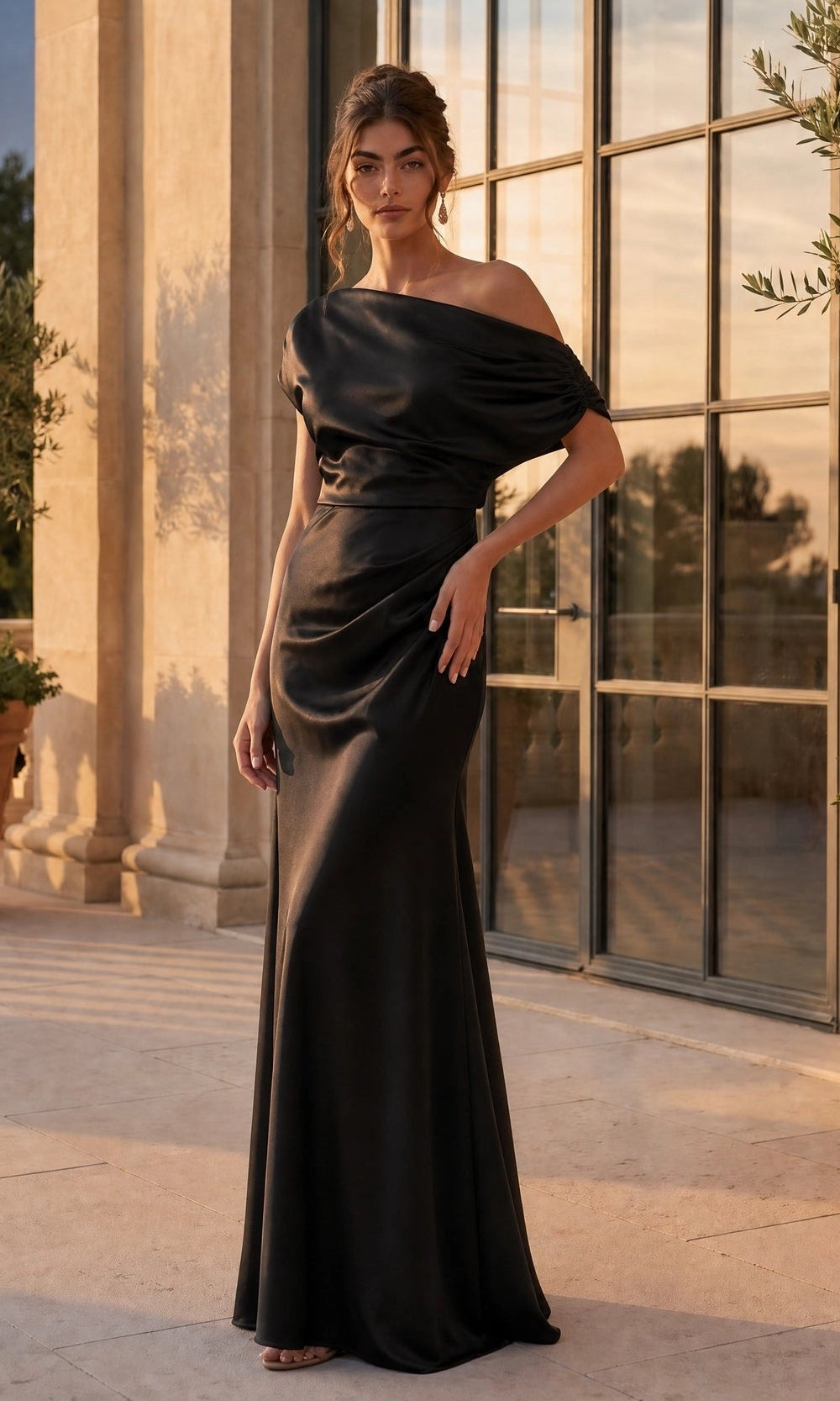 Elegant Sheath Asymmetric Neckline Short Sleeve Satin Floor Length Evening Dress
