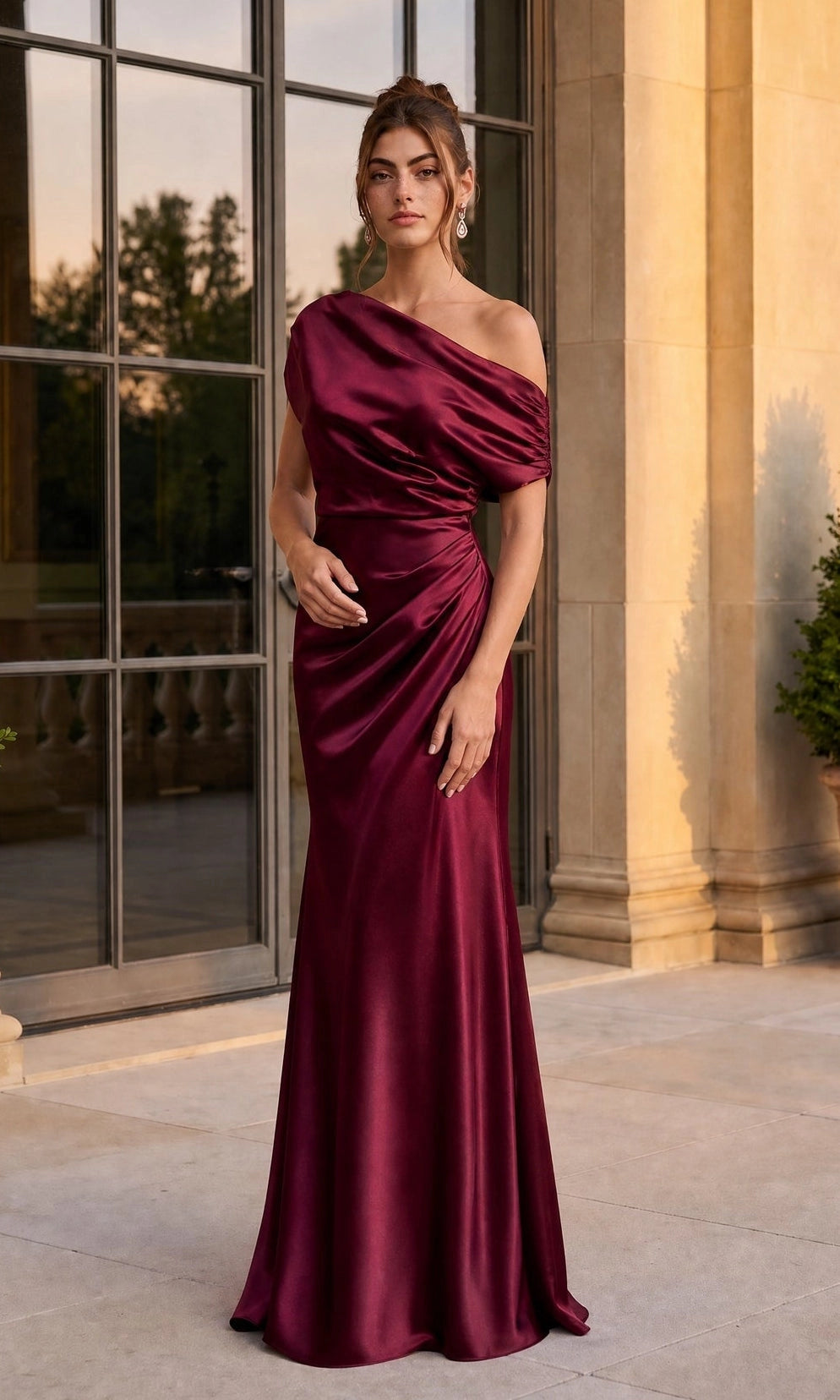 Elegant Sheath Asymmetric Neckline Short Sleeve Satin Floor Length Evening Dress