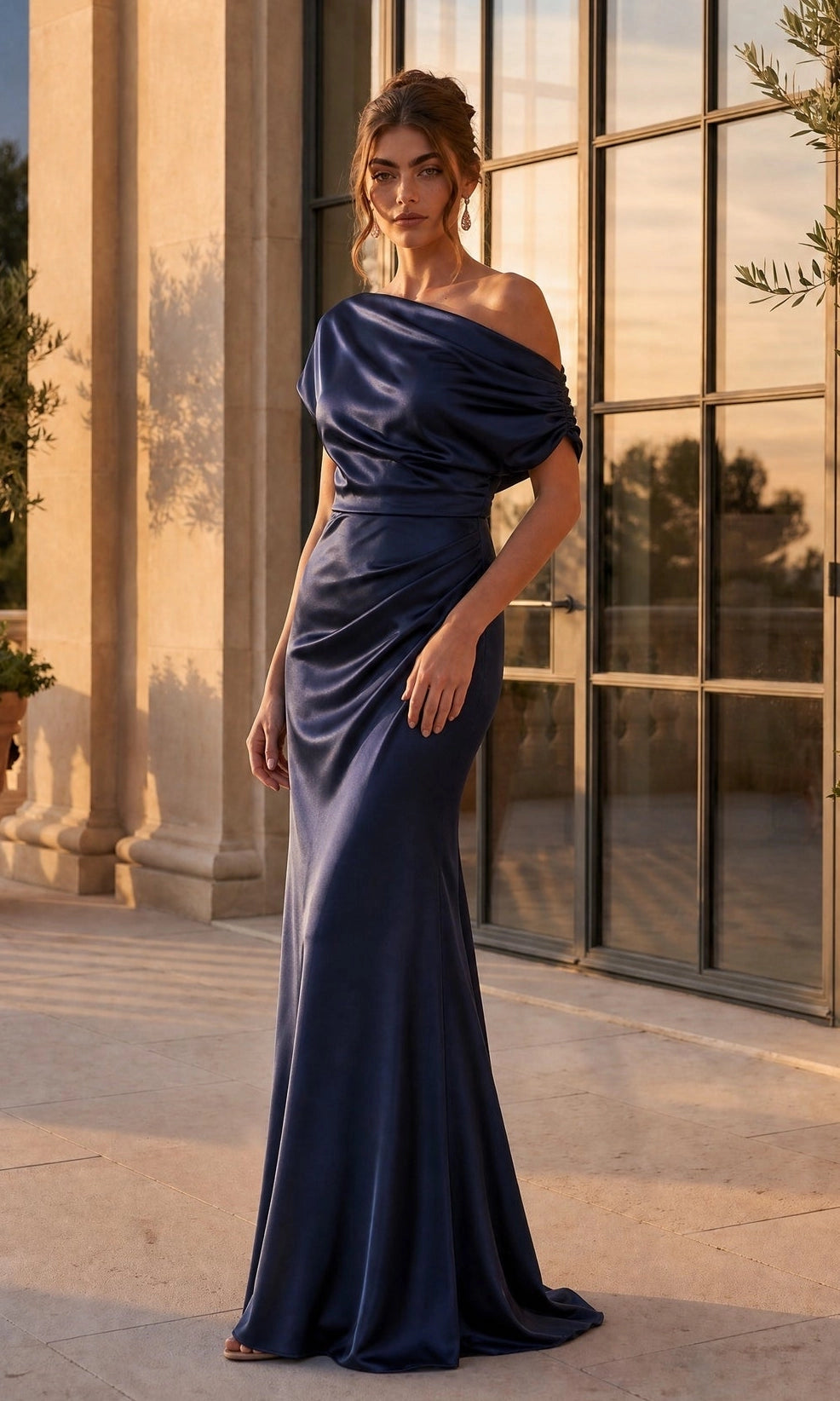 Elegant Sheath Asymmetric Neckline Short Sleeve Satin Floor Length Evening Dress