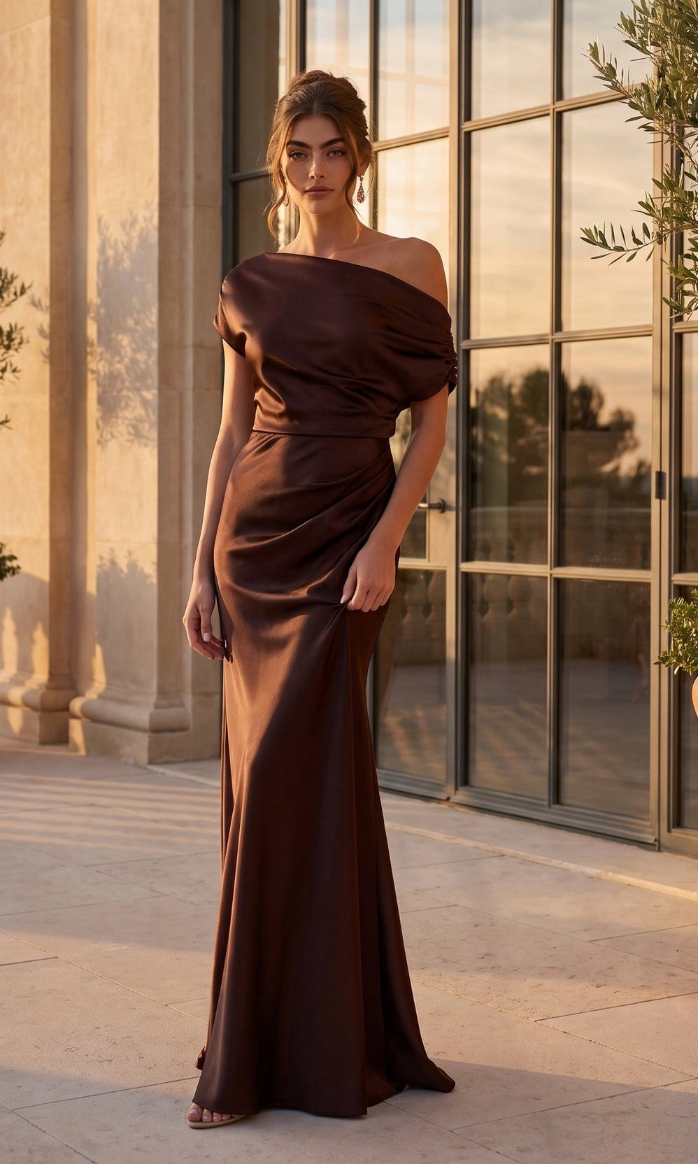 Chocolate brown satin sheath evening dress with asymmetric off-shoulder neckline, draped bodice, ruched waist and floor-length skirt by Loverlm