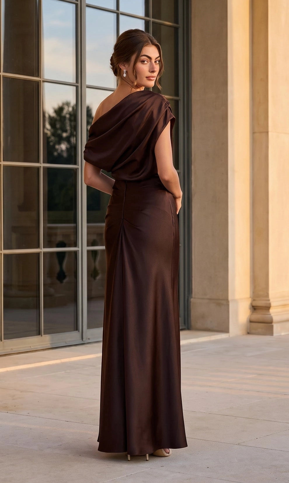 Elegant Sheath Asymmetric Neckline Short Sleeve Satin Floor Length Evening Dress