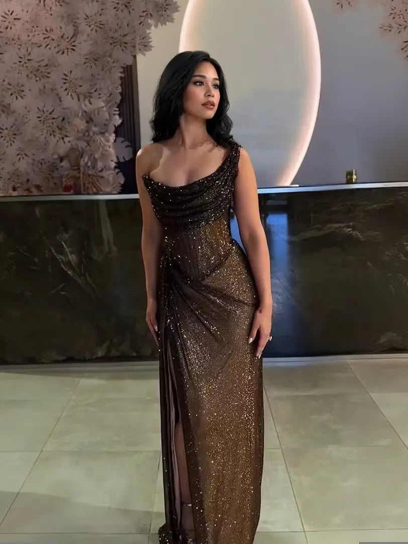 Glamorous Sheath One-Shoulder Sleeveless Draped Floor-Length Evening Dress