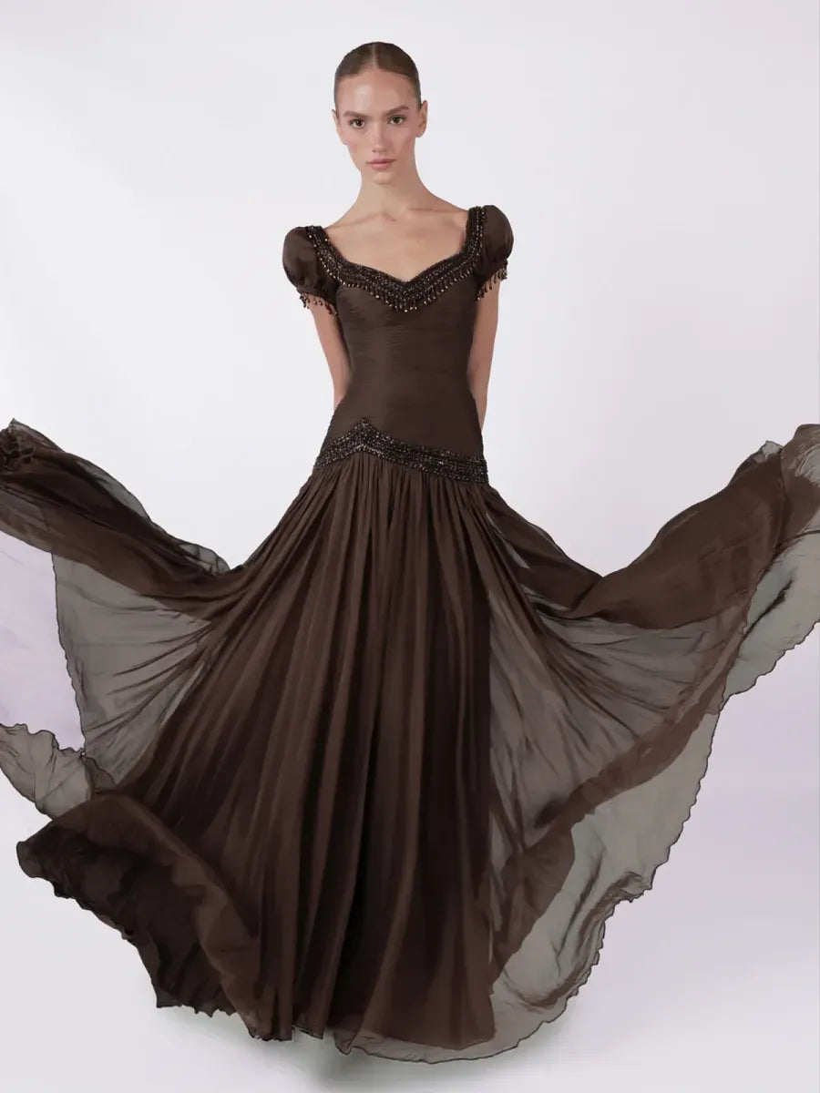 Vintage A-Line Sweetheart Puff-Sleeve Low-Back Floor-Length Evening Dress