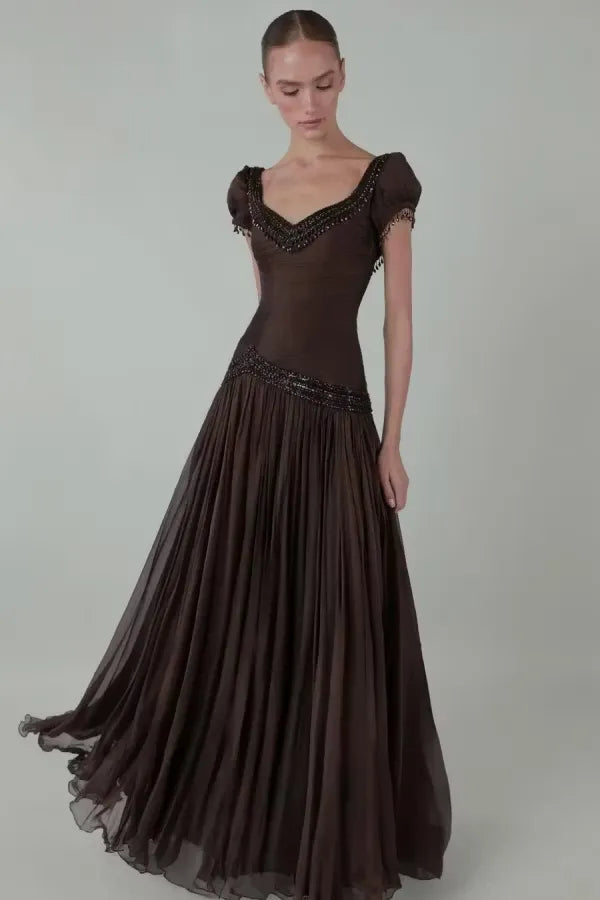 Vintage A-Line Sweetheart Puff-Sleeve Low-Back Floor-Length Evening Dress