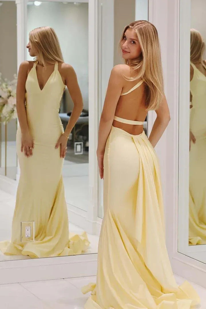 Elegant Satin Mermaid V Neck Sleeveless Cutout Back Floor Length Evening Dress