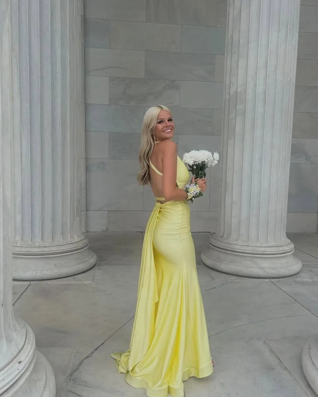 Elegant Satin Mermaid V Neck Sleeveless Cutout Back Floor Length Evening Dress
