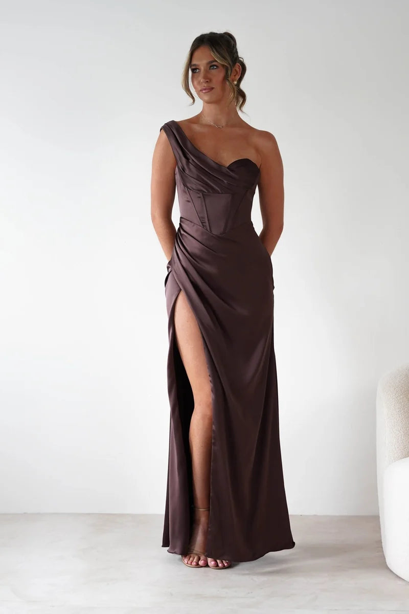 Loverlm chocolate brown satin evening dress with asymmetric one shoulder neckline, corset bodice, ruched waist and thigh high slit front view