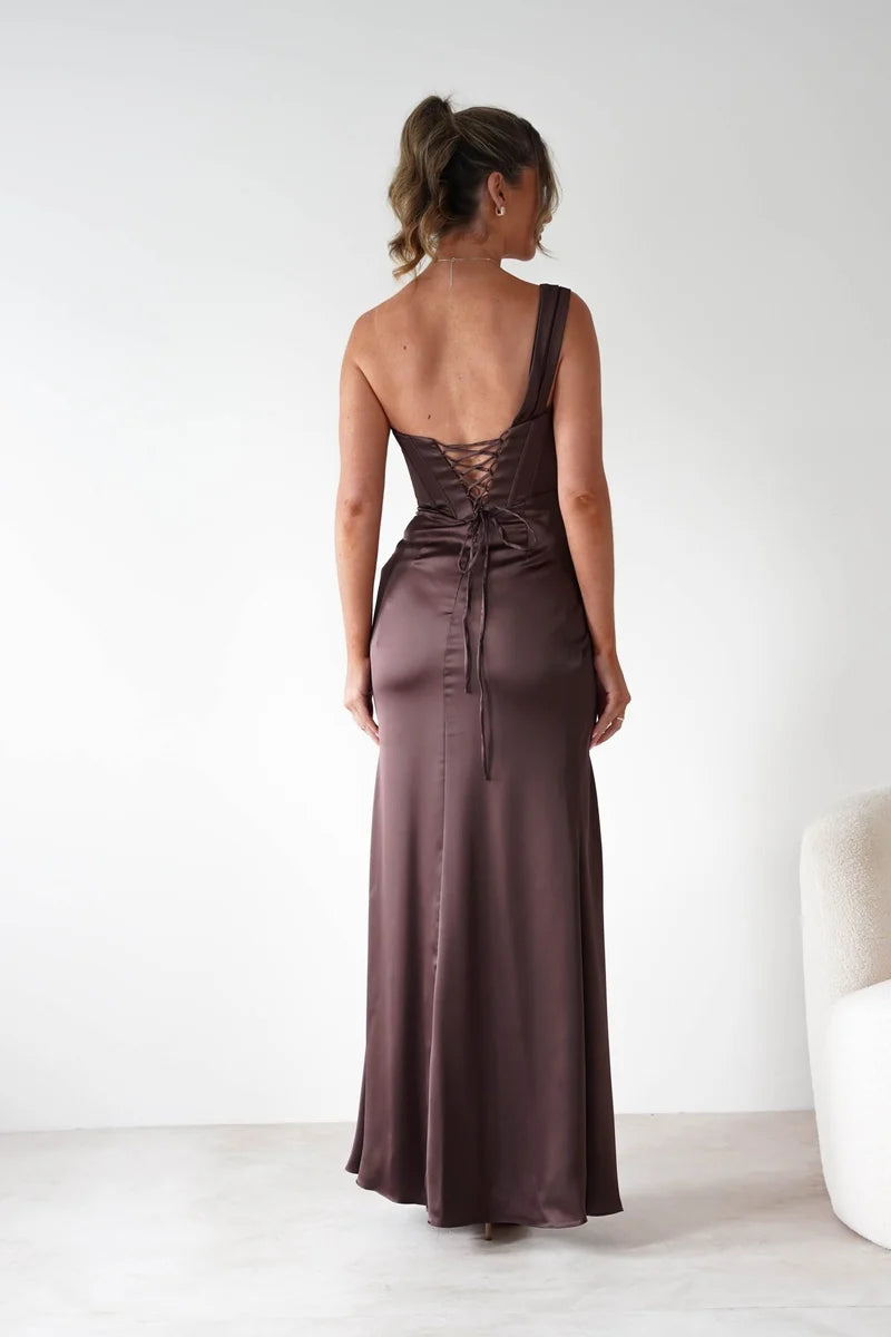 Elegant Satin Sheath Asymmetric One Shoulder Lace Up Slit Maxi Evening Dress