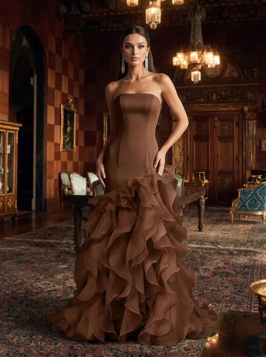 Loverlm chocolate brown strapless mermaid evening dress with cascading organza ruffles front view