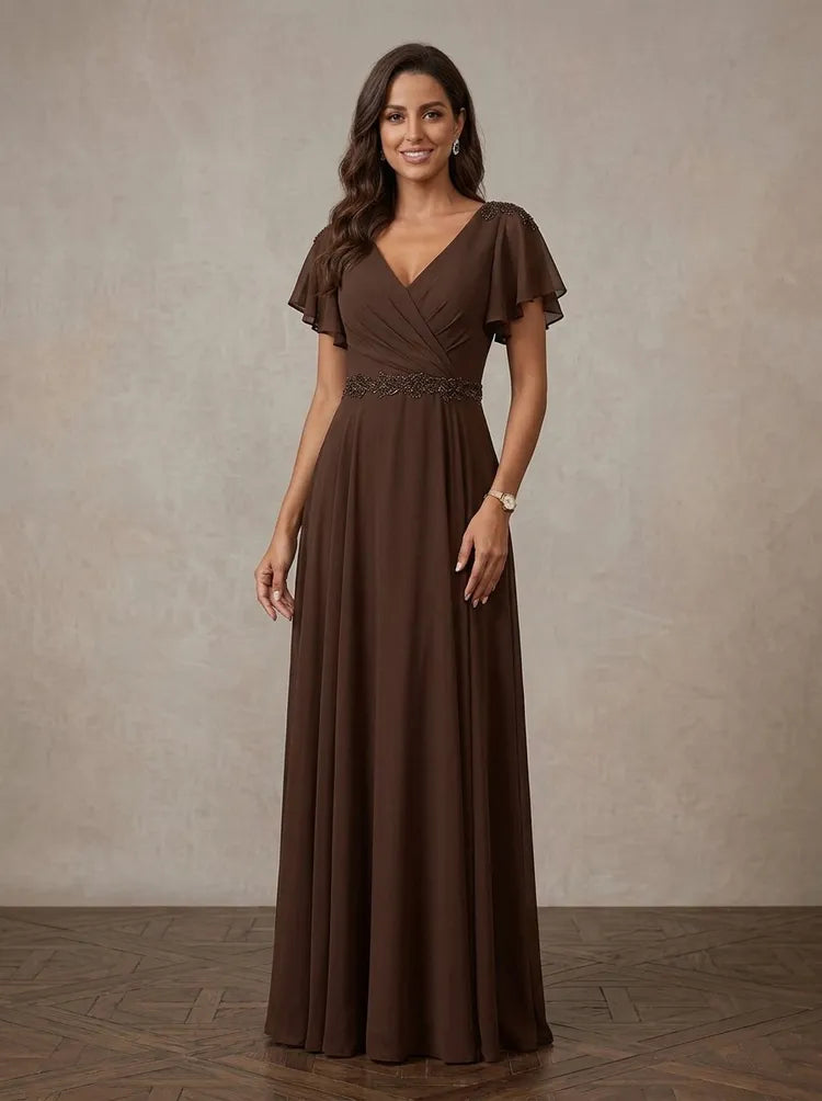 Loverlm chocolate brown Mother of the Bride dress with V-neck flutter sleeves embellished waist and floor-length A-line skirt