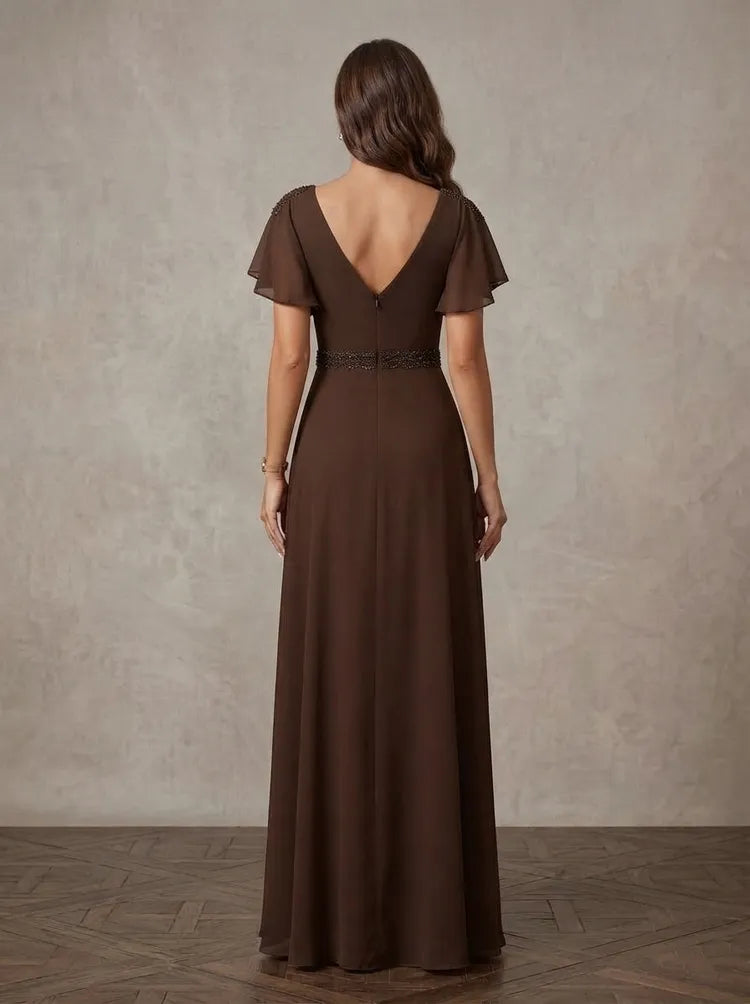 Elegant A-Line V-Neck Flutter-Sleeve Chiffon Floor-Length Mother of the Bride Dress