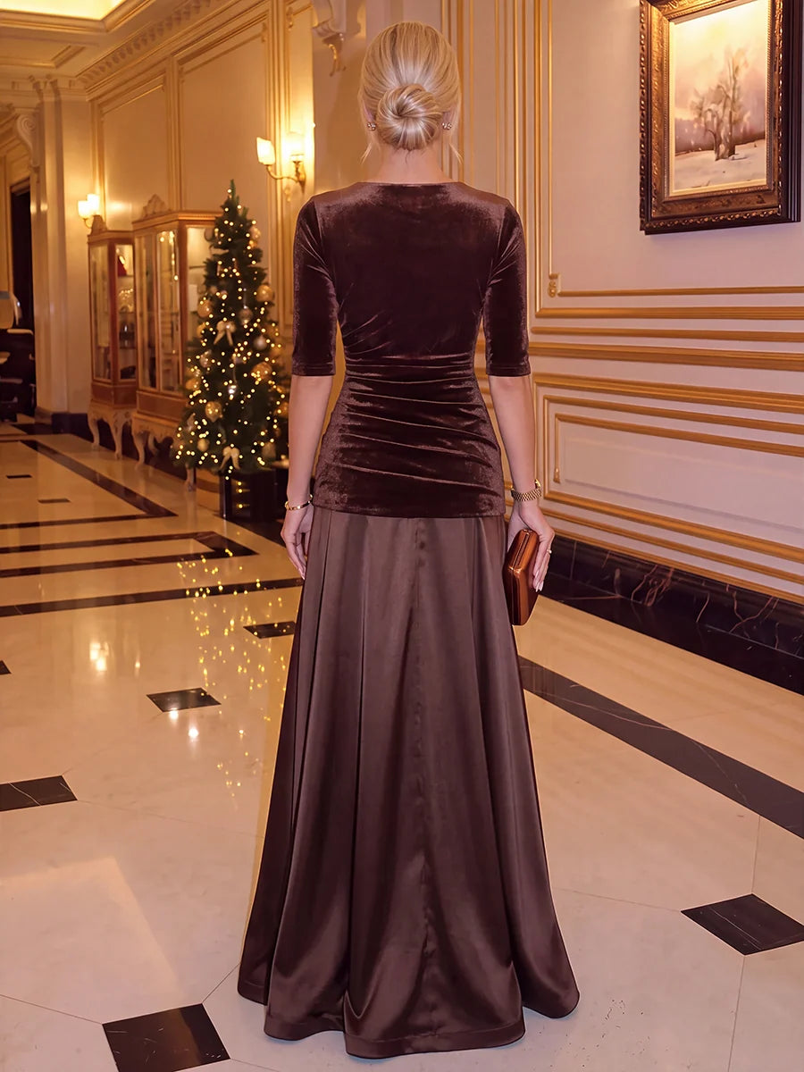 Elegant A-Line V-Neck Three-Quarter Sleeve Velvet Satin Evening Dress
