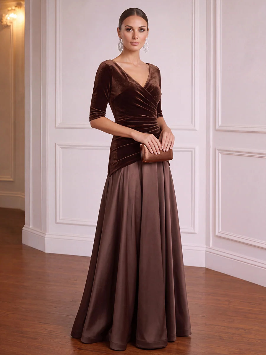 Elegant A-Line V-Neck Three-Quarter Sleeve Velvet Satin Evening Dress
