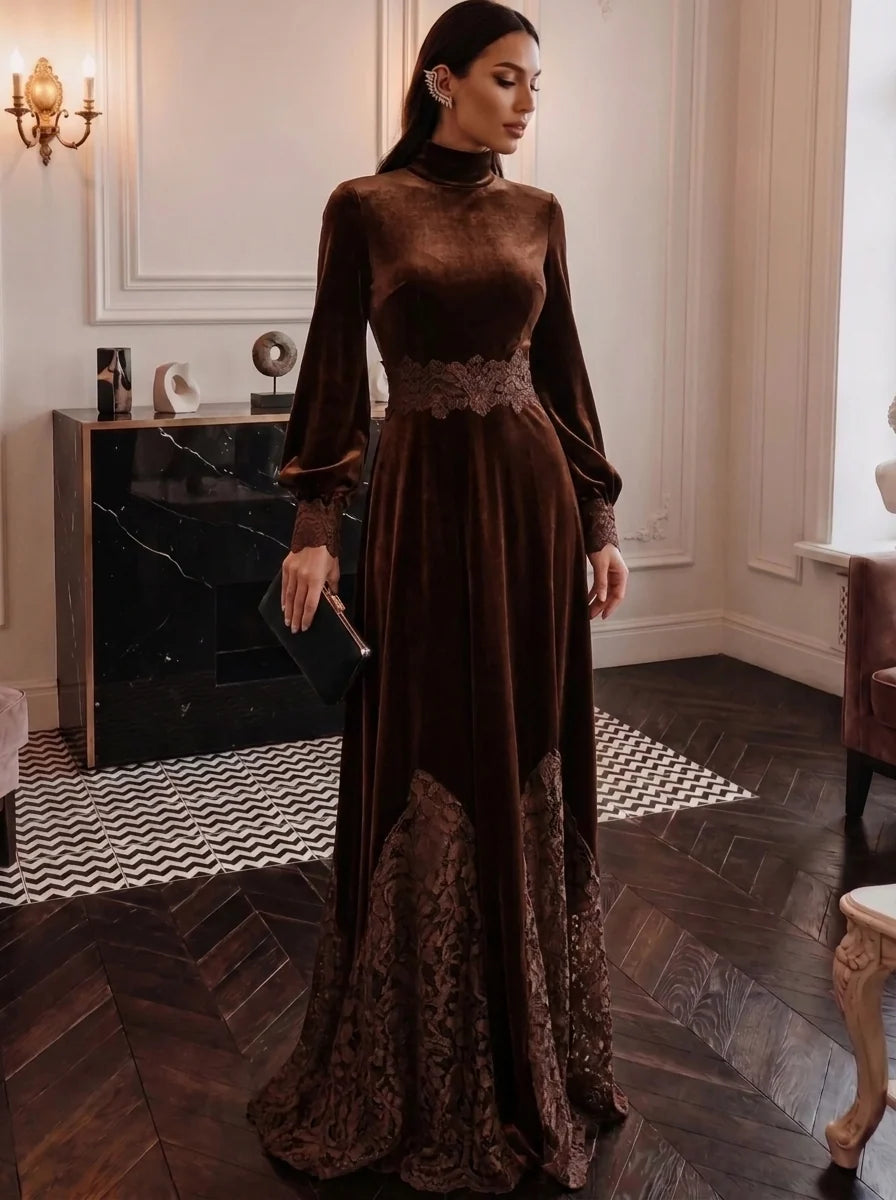 Elegant A Line High Neck Long Sleeve Velvet Floor Length Evening Dress
