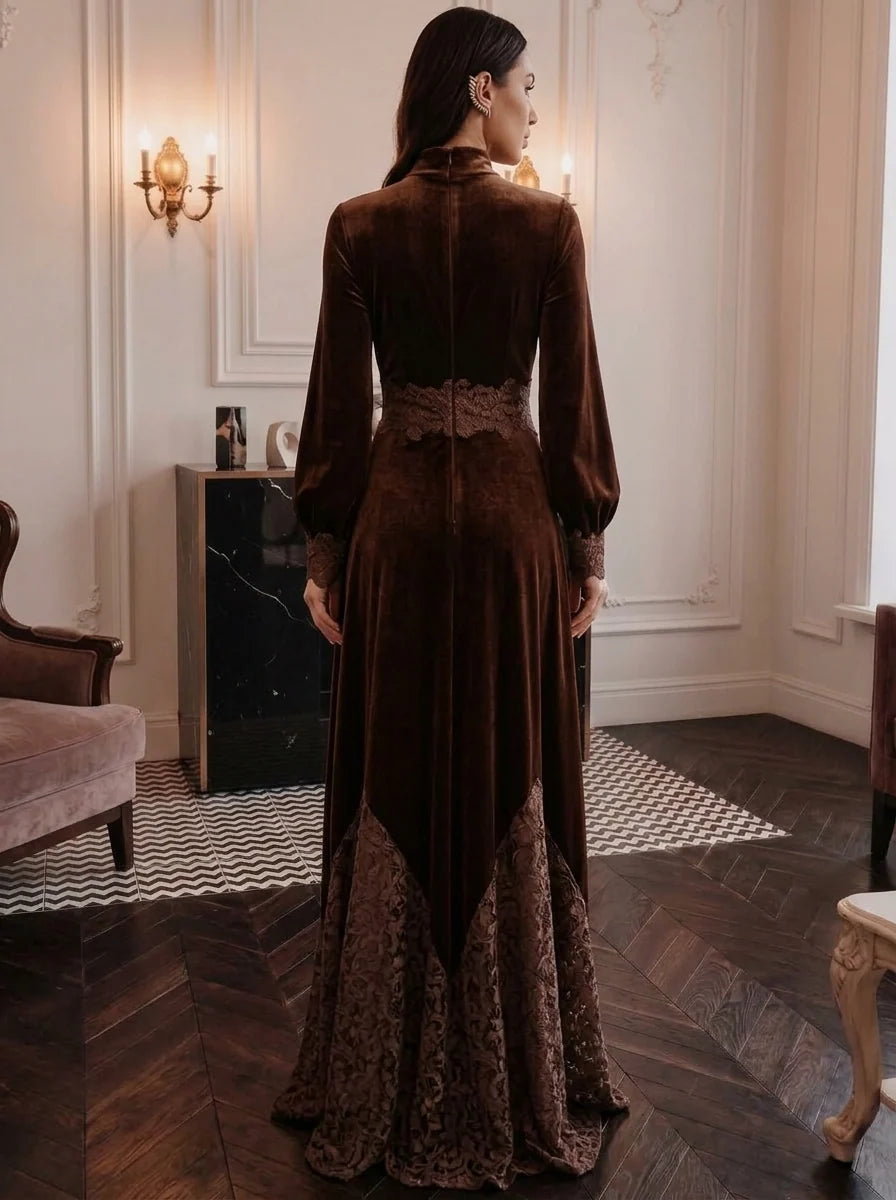 Elegant A Line High Neck Long Sleeve Velvet Floor Length Evening Dress