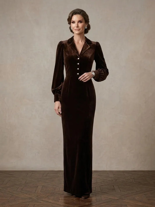 Loverlm chocolate brown velvet Mother of the Bride dress with lapel V-neck pearl buttons long bishop sleeves and floor-length sheath silhouette