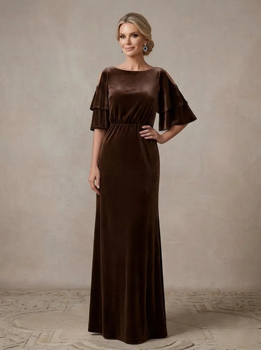 Loverlm chocolate brown velvet Mother of the Bride dress with bateau neckline tiered sleeves defined waist and floor-length sheath silhouette