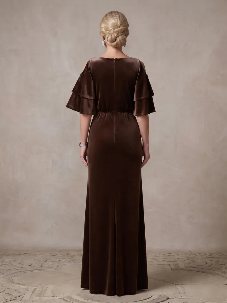 Elegant Sheath Bateau-Neck Tiered-Sleeve Velvet Floor-Length Mother of the Bride Dress