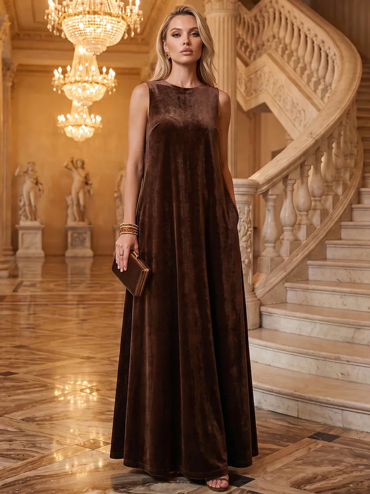Loverlm chocolate brown velvet bateau neck A-line Mother of the Bride dress front view