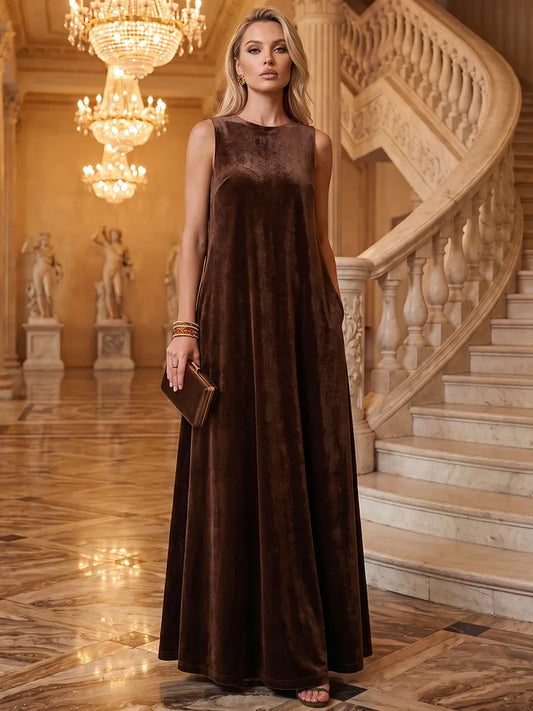 Loverlm chocolate brown velvet bateau neck A-line Mother of the Bride dress front view