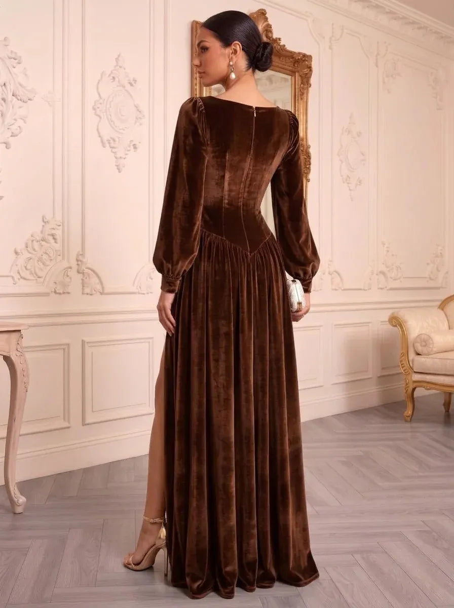 Elegant A-Line Square-Neck Long-Sleeve Zip-Back Velvet Evening Dress