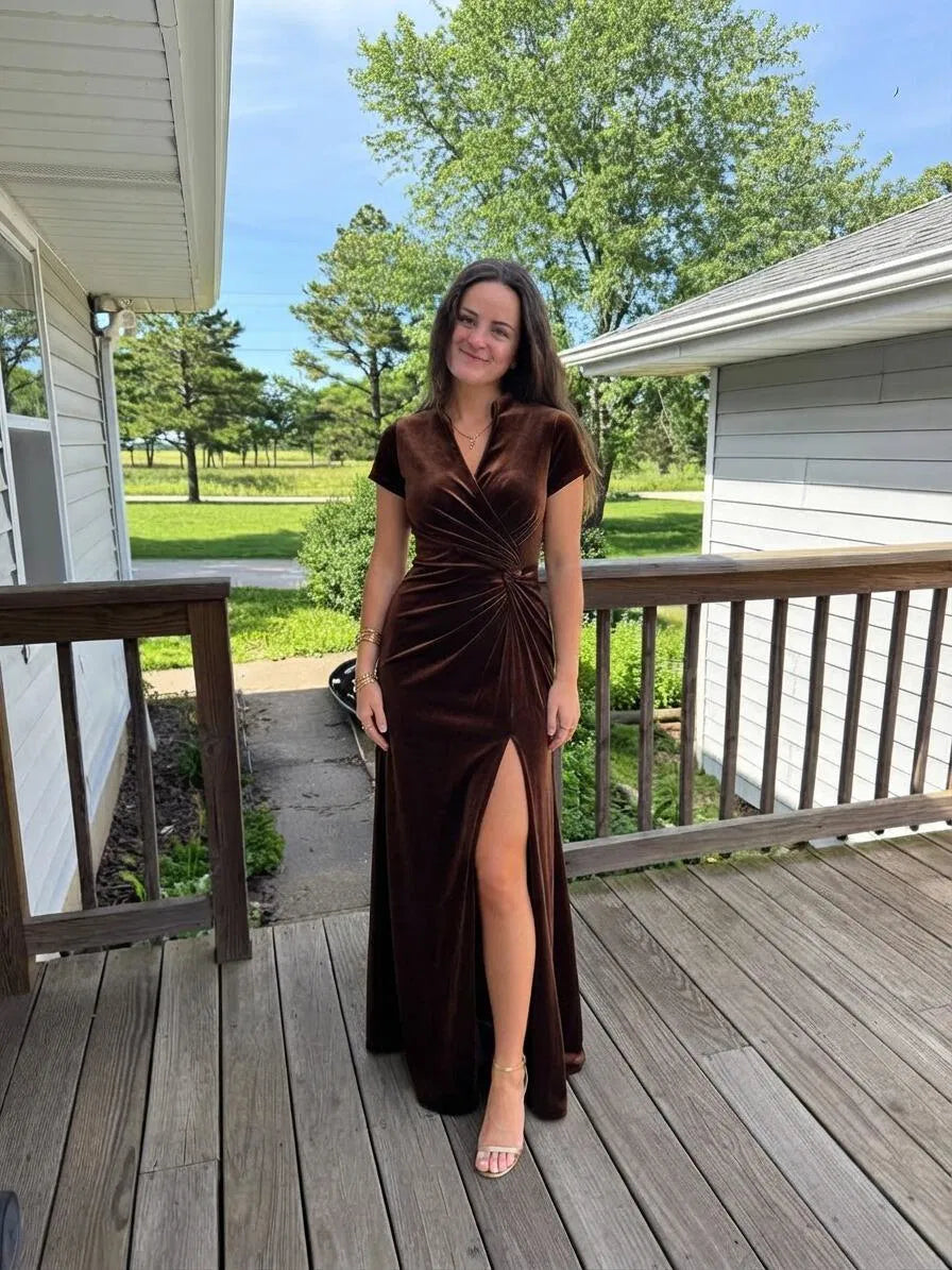 Elegant Sheath V-Neck Short Sleeve Velvet Floor-Length Evening Dress