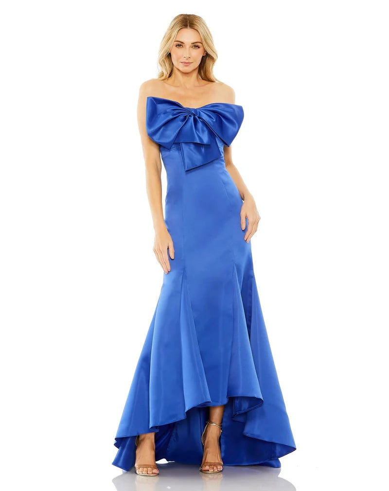 Loverlm cobalt blue strapless prom dress with oversized bow fitted mermaid silhouette and dramatic high-low satin skirt