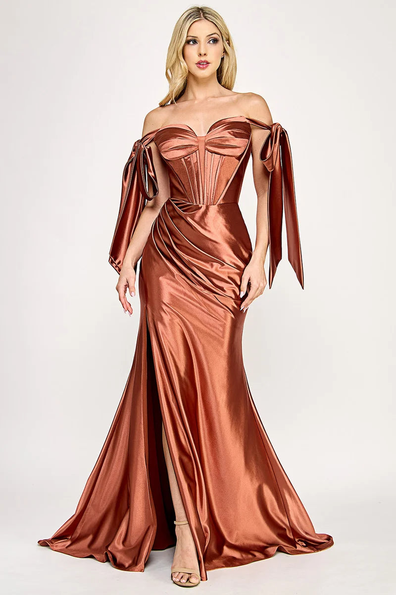Loverlm copper satin mermaid sweetheart off-shoulder slit prom dress front view
