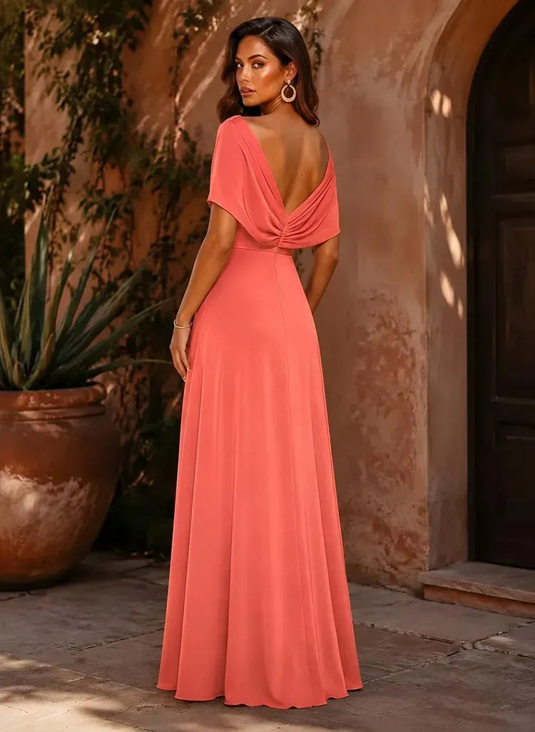Elegant A-Line V-Neck Short-Sleeve Chiffon Floor-Length Mother of the Bride Dress