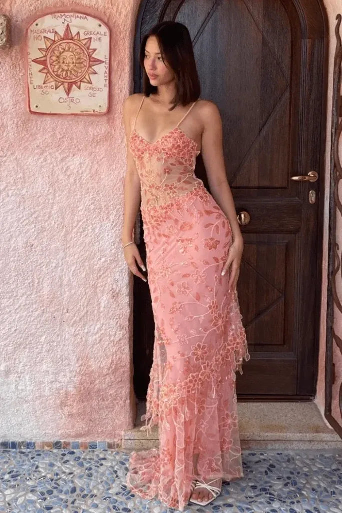 Loverlm coral orange lace mermaid prom dress with a sweetheart neckline, spaghetti straps, sheer waist and floor-length floral skirt, front view.