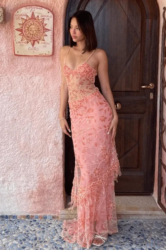 Loverlm coral orange lace mermaid prom dress with a sweetheart neckline, spaghetti straps, sheer waist and floor-length floral skirt, front view.