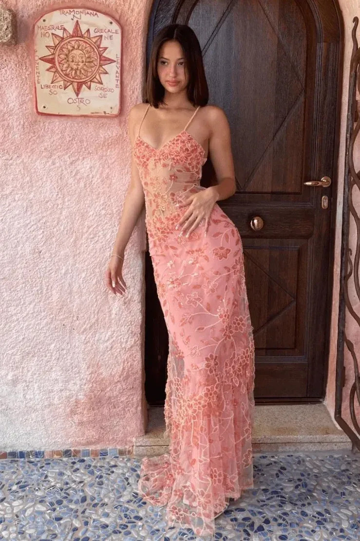 Romantic Lace Mermaid Sweetheart Spaghetti-Strap Tie-Back Floor-Length Prom Dress